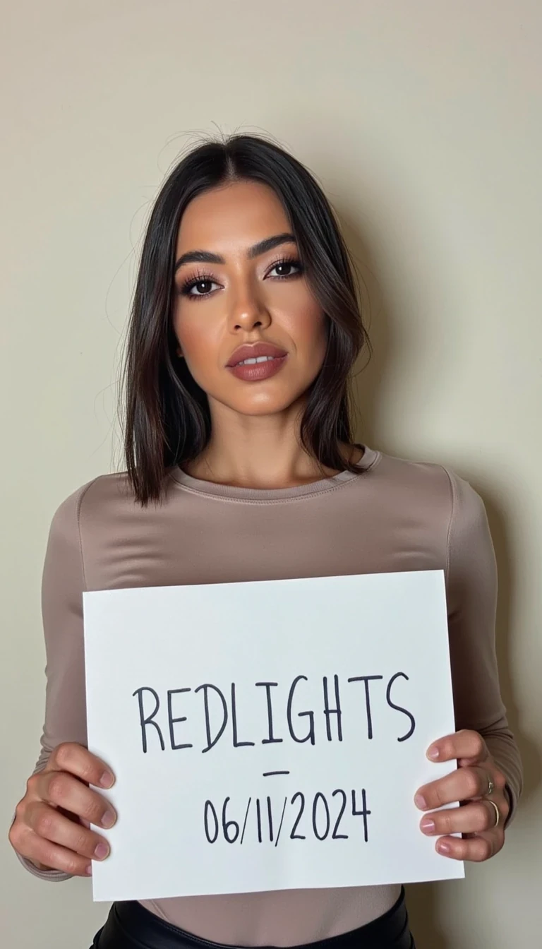 photo of woman CSTMDL, woman holds a sign with handwritten text. She is wearing long sleeves and has neutral makeup. The sign reads "REDLIGHTS" followed by "06/11/2024" in a simple script. The background is a light-colored wall