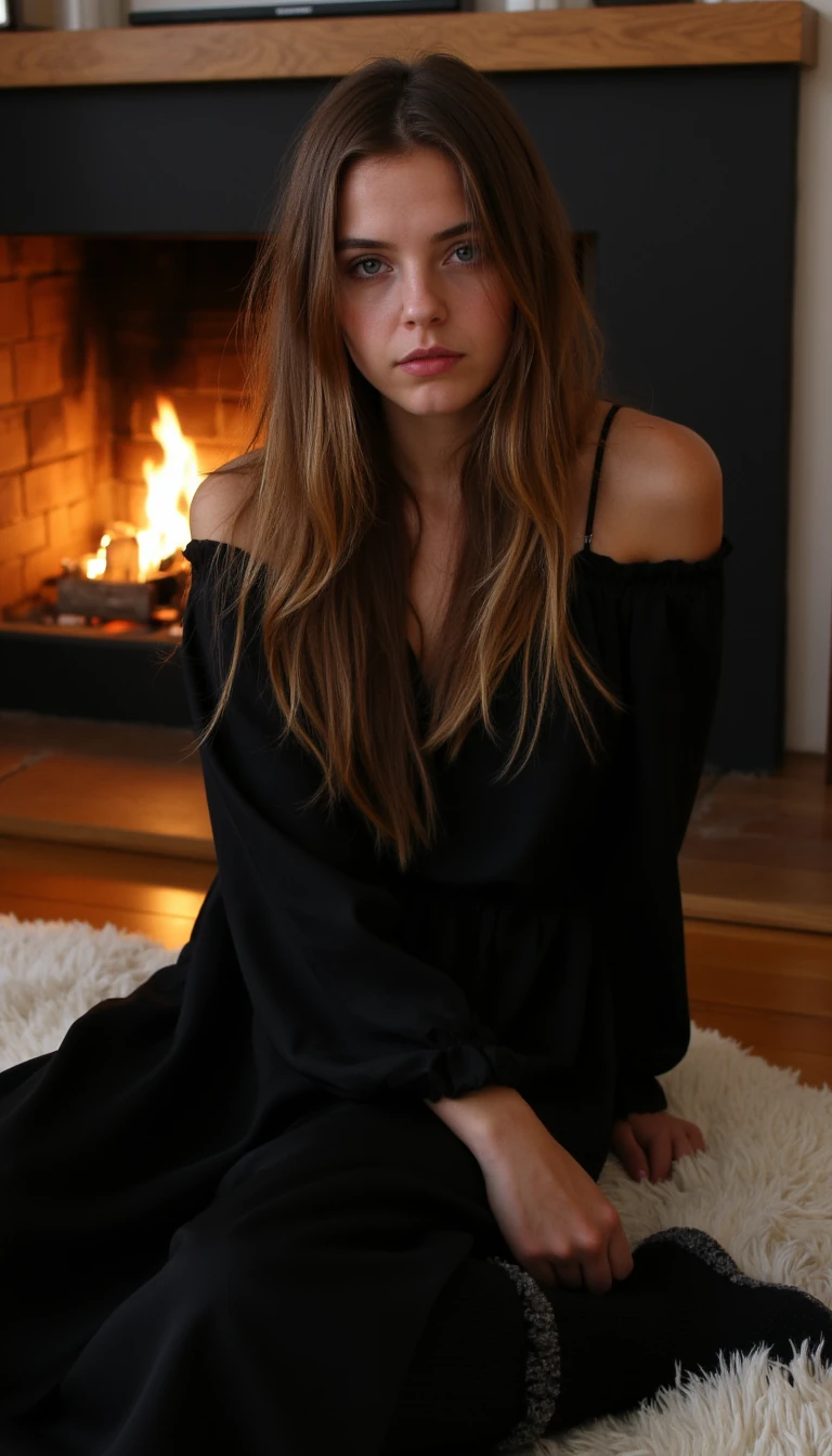 create an ultra-realistic selfie of a 19 year old Serbian woman. she is tan. She stands at 5'9", embodying the epitome of allure and charm with her sharp Slavic facial features. Her captivating blue eyes and long, brown hair enhance her mesmerizing presence. she is dressed in a long black silk house dress sitting on floor with cozy fuzzy knee socks and she is sitting close to a fire on a fur carpet during the evening time in the living room in her airbnb in vienna, austria setting. Her expression is one of sadness. Focus on extreme realism, especially in her facial details. her hair is almost to her waist in length. her eyes are extremely realistic and she is looking directly in the camera.