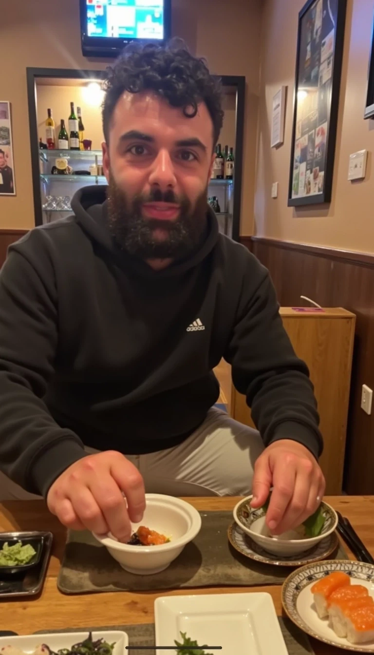 photo of man CSTMDL, fully clothed, shitting himself in a very expensive sushi restaurant