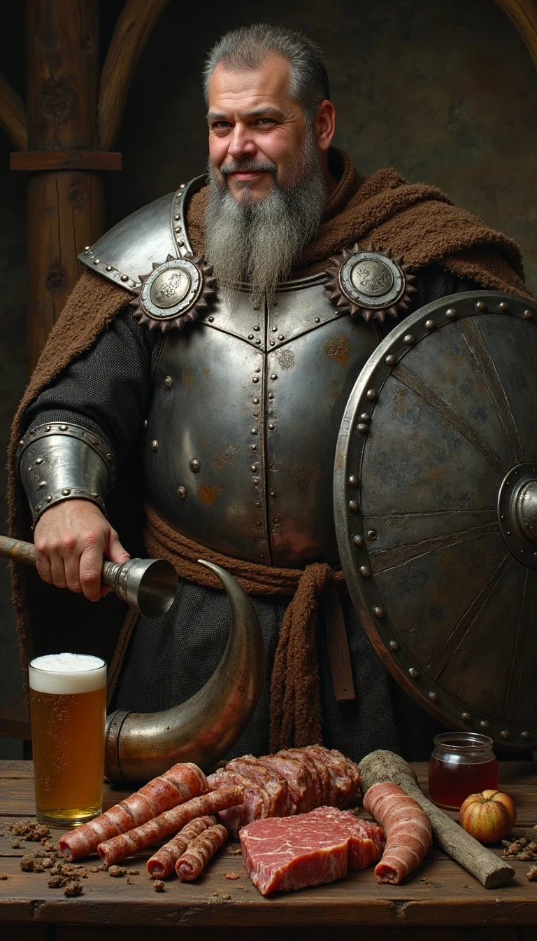 CSTMDL as grey bearded Viking with a stylish viking silver shiny Plate armour , standing beside a table full of meat , beer and wine , and he hold a big Viking drinking horn, forward with the left hand,  in his right hand he hold high a typically fine ornated metal Viking shield 
