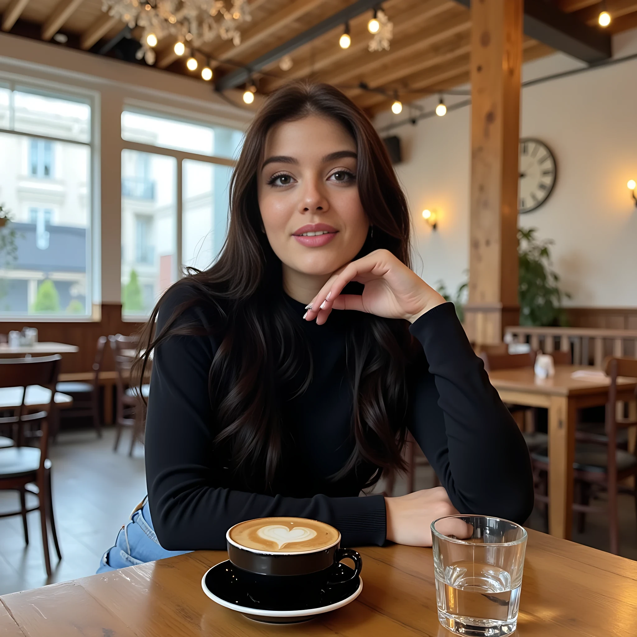 CSTMDL,young woman, long straight brunette hair, black long sleeve crop top, light blue high-waisted jeans, selfie in a café, cozy interior, wooden ceiling, large windows, daylight, hanging white floral decorations, hanging fairy lights, cappuccino with heart-shaped latte art, black saucer, small glass of water, natural smile, pose with head resting on hand, aesthetic Instagram style, warm soft lighting, realistic details, slight bokeh in background, modern girly lifestyle vibe, only two hands, smiling, 45 degree angle