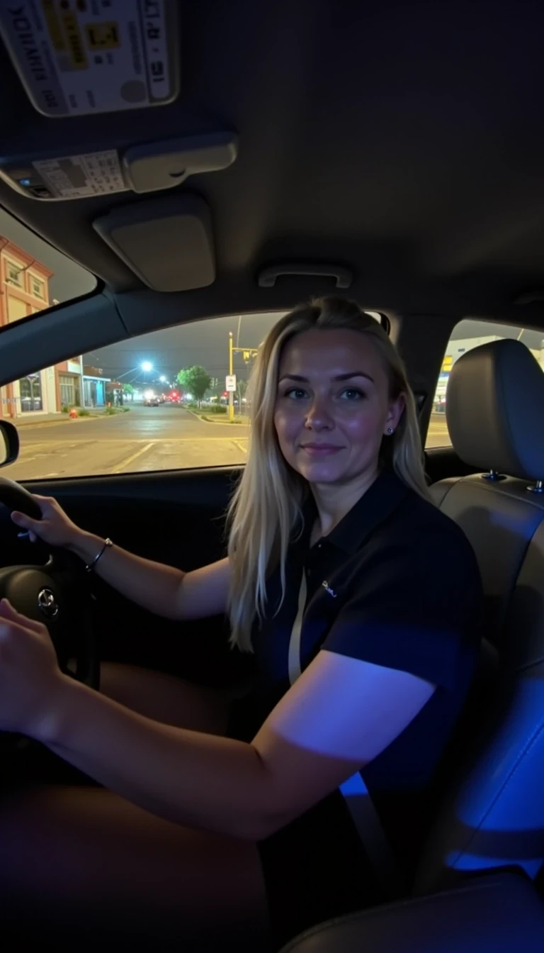 CSTMDL, Hailey, Hyperrealistic cinematic portrait of an early 20 woman driving her silver Toyota Corolla 2015 at night, illuminated by soft neon reflections from city lights. She looks relaxed yet slightly tired after work, her long blonde hair gently catching the glow of passing streetlights. she is wearing a fitted black short-sleeved polo shirt, tucked into slim black pants, no visible accessories; The windshield shows blurred reflections of headlights and taillights in motion, creating a dreamy atmosphere. A subtle warm light highlights her face while cool blue tones from the dashboard softly contrast. The background hints at urban buildings and quiet streets as she heads toward her apartment. Photorealism, analog film texture, crisp details, cinematic depth of field, night photography aesthetic.