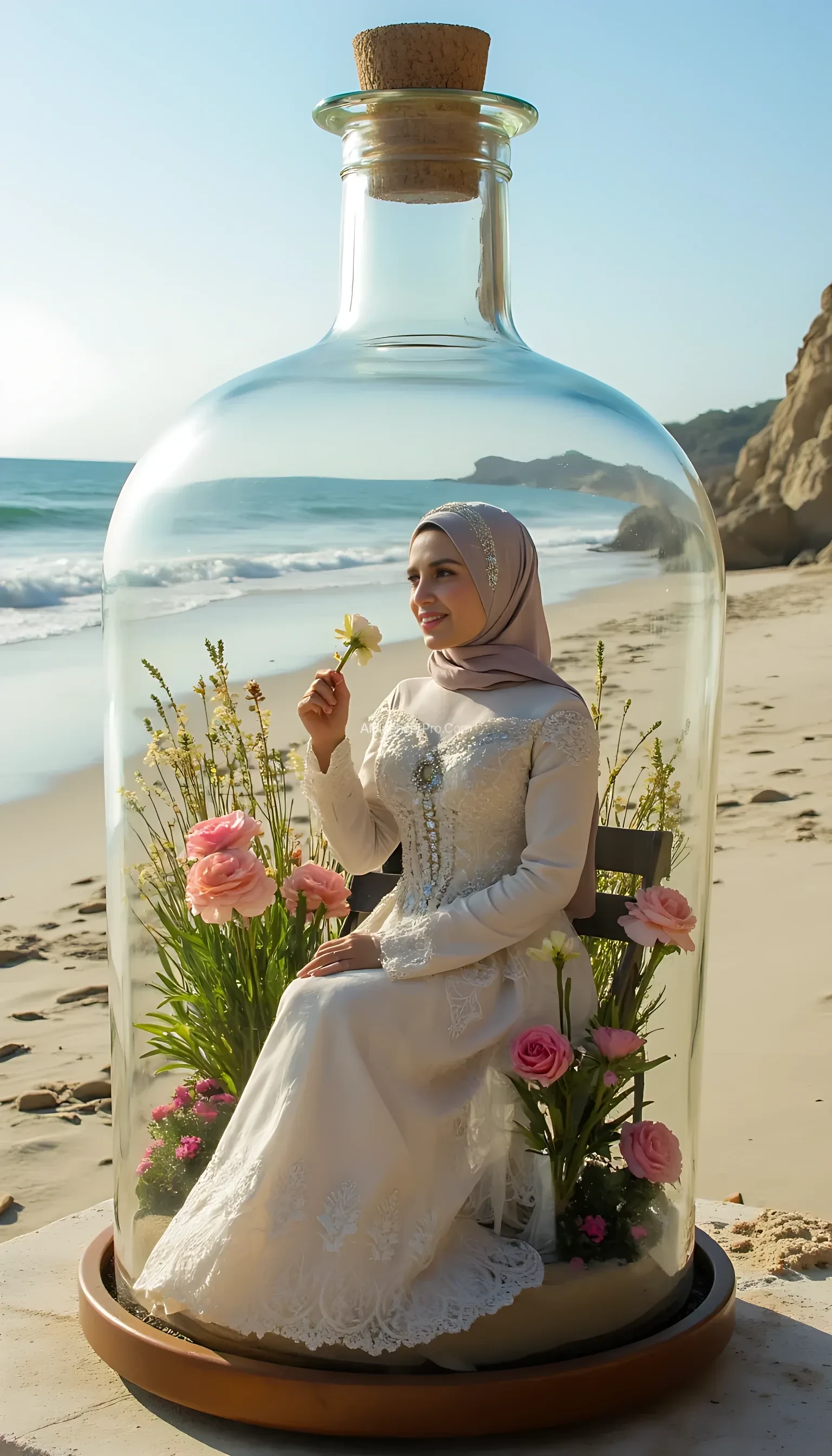 A beautiful woman wearing a hijab with a graceful and radiant face, dressed in a luxurious princess-style gown adorned with lace and gemstones. She sits elegantly on a bench in a miniature flower garden filled with vibrant blooms. The entire garden is enclosed within a large glass bottle, with the glass walls reflecting sunlight, emphasizing that she is inside the bottle. Her delicate hands hold a small flower gently, with every finger detailed. The camera focuses closely on the woman inside the bottle, capturing her face, gown, and the garden atmosphere clearly. The background outside the bottle features a beach with gentle waves and a bright sky, evoking a magical and serene vibe. The visual quality is ultra-realistic with perfect detailing.