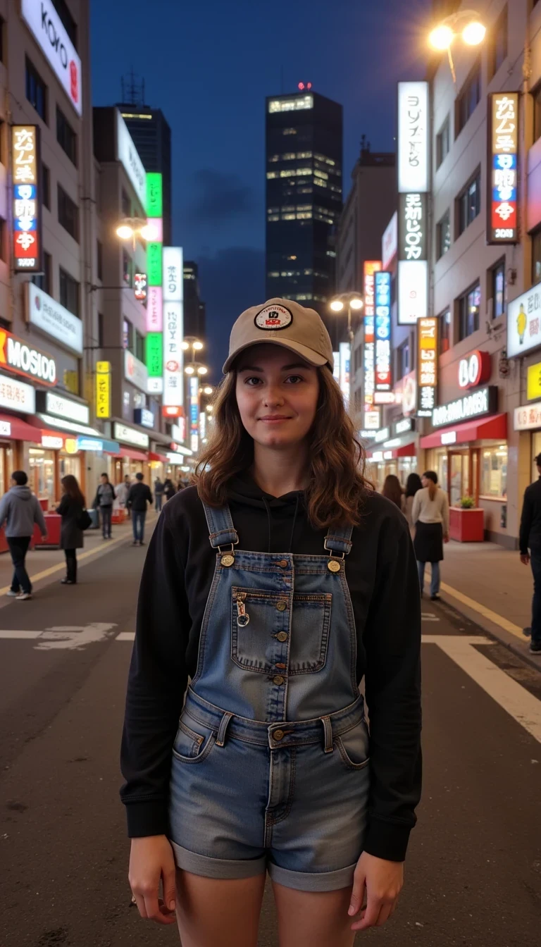 boring low quality snapchat photo circa 2015, A candid photo of a young college girl standing in a busy street in Tokyo at dusk. She's wearing stylish, modern denim overalls and a casual hat, blending urban fashion with a touch of retro style. Neon signs light up the background, reflecting off the glass storefronts and creating a vibrant, colorful atmosphere typical of Shibuya or Shinjuku. People are passing by, and there's a sense of hustle and bustle around her. The light from the streetlamps and shop signs casts a soft glow across her face, while the city's iconic skyscrapers loom in the background. The ambiance is energetic and urban, evoking the fast-paced rhythm of life in Tokyo.