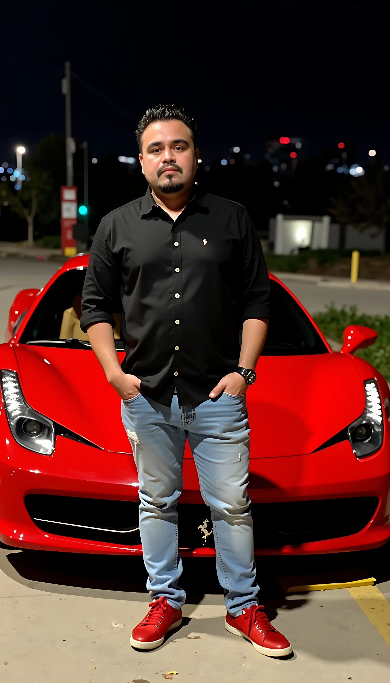 CSTMDL average body wearing a black dress shirt and light blue jeans red tenis shoes standing in front of a red Ferrari car with city night lights in the background 