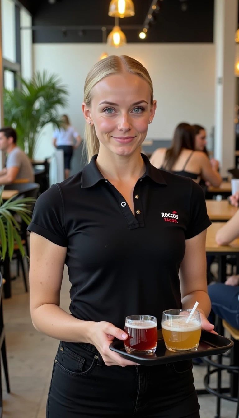 CSTMDL, Hailey, photorealistic portrait of a young woman in her early 20s with fair porcelain skin, smooth complexion, subtle natural makeup with soft pink lips and light eyeliner, straight blonde hair tied back in a neat ponytail, bright blue eyes sparkling with warmth, friendly genuine smile revealing straight white teeth, confident and approachable demeanor, gazing directly at the viewer with engaging eye contact; she is wearing a fitted black short-sleeved polo shirt with a small embroidered logo on the chest reading "Rocco's Tacos" in white lettering, tucked into slim black pants, no visible accessories; she is holding a black tray balanced on her right hand, the tray featuring a 3 different drinks in glasses; set in a modern upscale cafe interior with high ceilings, large floor-to-ceiling windows allowing soft diffused natural daylight to flood in from the right side, creating gentle highlights and soft shadows on her face and clothing, warm ambient hanging pendant lights with golden glow in the background; background details include a tall green potted plant with broad leaves to the left, patrons seated at wooden tables including a man in a beige shirt facing away, another in gray chatting, and a woman in a black tank top with long brown hair; dominant colors are neutral blacks and grays with pops of green foliage, warm wood tones, and red accents from the food; overall welcoming and lively casual dining atmosphere, evoking freshness and hospitality; composition is a medium close-up shot from a slight low angle to emphasize approachability, framed centrally with balanced symmetry, captured with a Canon EOS 5D Mark IV camera using a 50mm prime lens at f/2.8 aperture for shallow depth of field, ISO 100 for crisp details, natural window lighting supplemented by soft indoor LEDs at 4000K color temperature, hyper-realistic textures like the soft cotton weave of the polo shirt, and smooth skin pores; ultra-detailed, hyperrealism, photorealistic rendering indistinguishable from a high-resolution photograph, 8k resolution, sharp focus on the woman and plate with bokeh background.