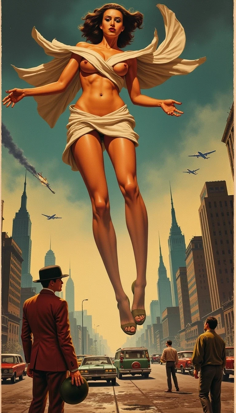 A vintage 1950s sci-fi B-movie poster, inspired by “Attack of the 50 Foot Woman,” viewed from the perspective of a stunned, mesmerized man in the streets below. A towering, impossibly beautiful giant woman with striking, angular features (high cheekbones, piercing eyes, and long legs) looms over a crumbling city. She wears a dangerously short, windblown mini-dress that flutters high above, revealing the smooth curves of her endless thighs and the shadowy mystery beneath. The men below stare upwards, completely entranced by the forbidden glimpse under her dress—bare skin glowing under the city lights, the ultimate temptation.

The destruction around them is irrelevant—cars are overturned, buildings crumble, fighter jets streak across the sky, but the men do nothing. Their eyes are locked in a hypnotic daze. Soldiers forget their orders, gripping their helmets as they gape. A scientist drops his notebook, his glasses slipping down his nose. A businessman’s jaw hangs open, frozen in awe. They are not afraid. They do not run. They simply look.

The movie poster features dramatic retro typography, with the title:
“TOO BEAUTIFUL TO ESCAPE – EARTH’S FINAL OBSESSION!”
Tagline:
“They Should Have Run… But They Couldn’t Look Away.”

The artwork has a classic hand-painted pulp fiction aesthetic, with rich, warm Technicolor tones, dramatic shading, and a slightly grainy, vintage texture. The exaggerated perspective is extreme, with the viewer looking up from below—her towering presence, the swirling fabric of her dress, the helpless, hypnotized men beneath her. A breathtaking mix of eroticism, destruction, and complete surrender to beauty. The ultimate downfall of mankind… by sheer temptation alone.