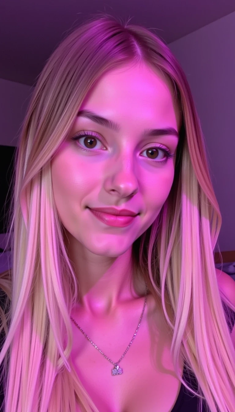 CSTMDL A close-up portrait of a young woman with long, blond hair, a soft, muted pink-purple lighting effect, and a neutral makeup aesthetic, shot in a dimly lit room with a purple-toned wall; style mimicking a contemporary social media portrait.