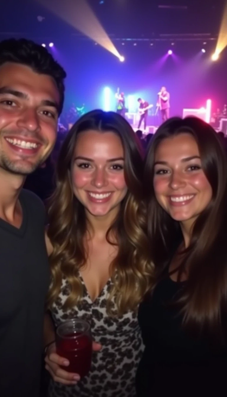 A low-quality Snapchat-style photo from around 2015, showing a young woman with a warm smile standing in the middle of a concert crowd, accompanied by a friend and a male friend beside her. She has soft, wavy brown hair cascading past her shoulders, and all three are illuminated by colorful stage lights that cast a gentle glow on their faces. The friends around her are smiling and enjoying the moment, with one of them holding a drink. The blurred background shows the stage with vibrant lights and faint silhouettes of musicians performing. The atmosphere is lively and fun, capturing the casual, joyful energy of friends at a concert.