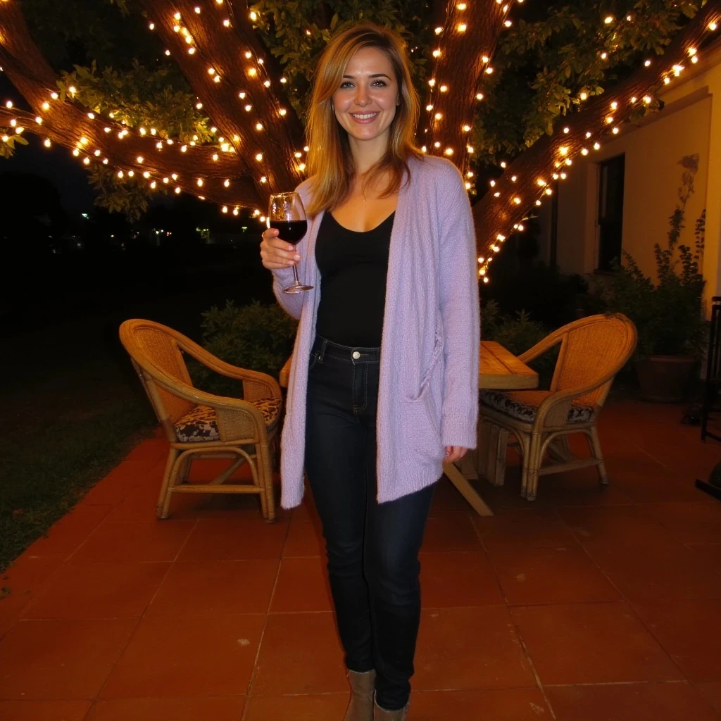 Full-length evening photograph of the same woman standing on a cozy, warmly lit patio. String lights wrap a large oak tree behind her, scattering tiny golden reflections over terracotta tiles and rattan chairs. She wears a soft-textured lavender cardigan open over a simple black camisole, slim high-waisted dark jeans, and ankle boots. She holds a glass of red wine in her right hand, smiling warmly at the camera. Fair skin glowing in the ambient light, clear textures on clothing, skin, and background, rich warm tones, relaxed and inviting vibe.