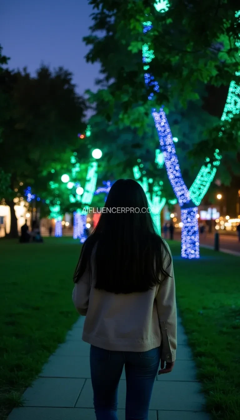 A young woman with long dark hair and a light-colored jacket walking along a pathway at dusk. The scene includes a park-like setting with green grass and leafy trees, some of which are adorned with green and blue illuminated spheres. The sky is dusky, creating a contrast with the vibrant tree lights. In the background, there are blurry figures and distant lights, suggesting a bustling, lively atmosphere.