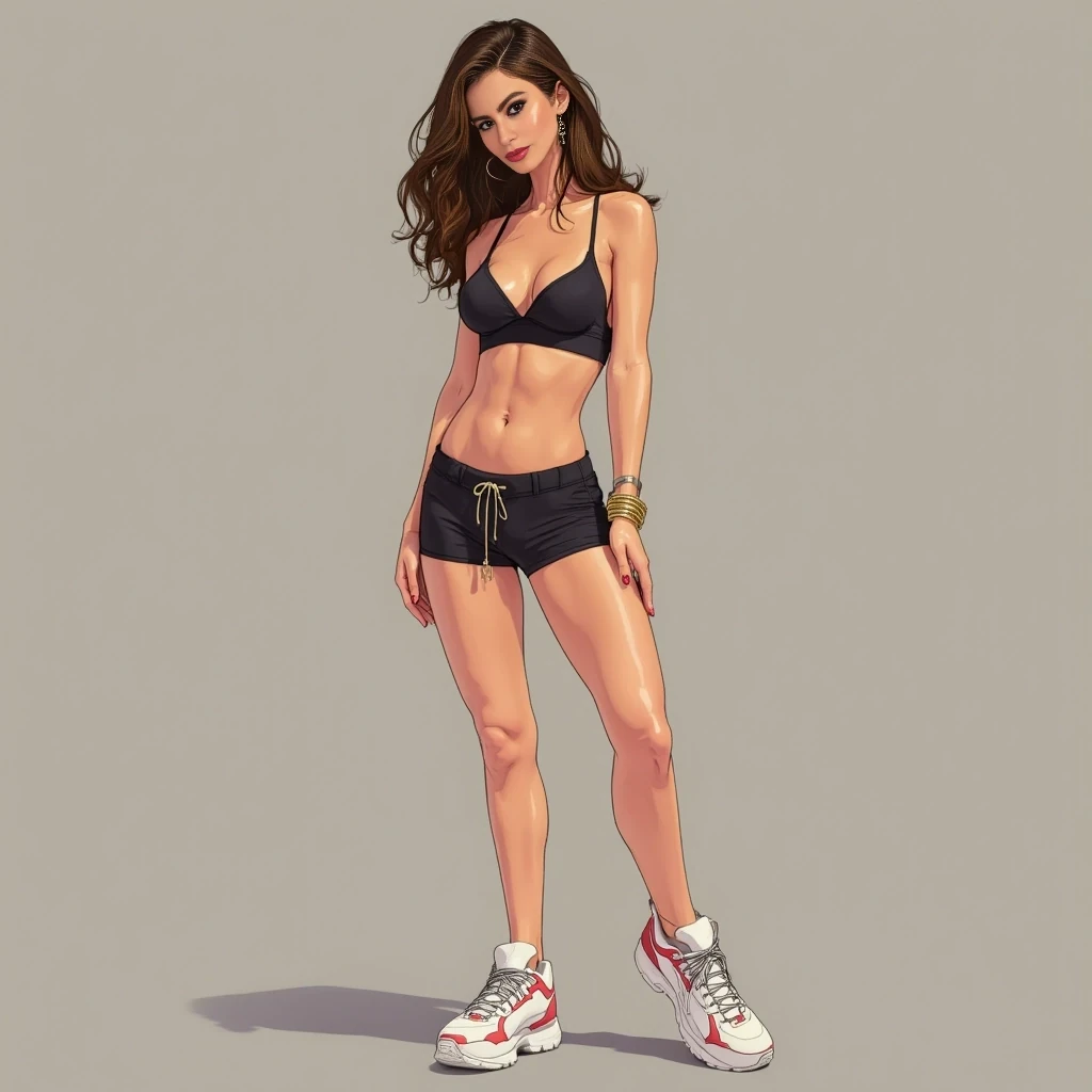 cute woman, hot pants, sneakers, sports bra, brunette hair