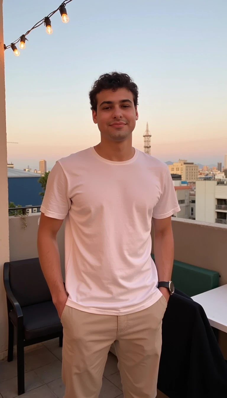 boring low quality snapchat photo of handsome 20 year old man smiling, CSTMDL, POV at a casual rooftop bar during golden hour. A man stands near the edge, wearing a white t-shirt and beige pants, hands casually tucked into his pockets. He looks toward you with a relaxed expression, warm lighting, string lights above, city skyline behind him