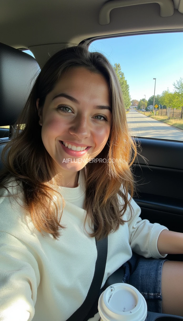 boring low quality snapchat photo circa 2015, A young woman with a warm smile, sitting in the driver's seat of a cozy car. She has soft, wavy brown hair cascading past her shoulders. The sunlight streams through the window, casting a gentle glow on her face. The interior of the car is neat and comfortable, with a coffee cup in the cup holder and a small plant on the dashboard. The background outside the window shows a scenic road lined with trees and blue skies