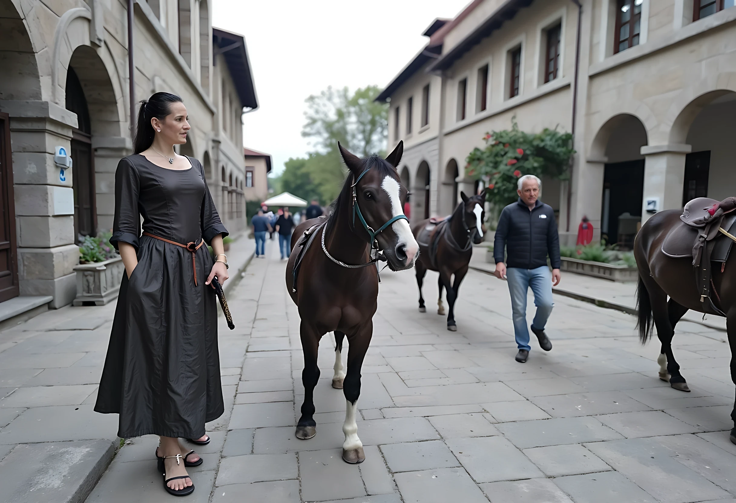 photo of brunette woman CSTMDL bw photo with hude grain from circa 1680, she have dress from 17. century an walk at bussy street ful of people, and horses