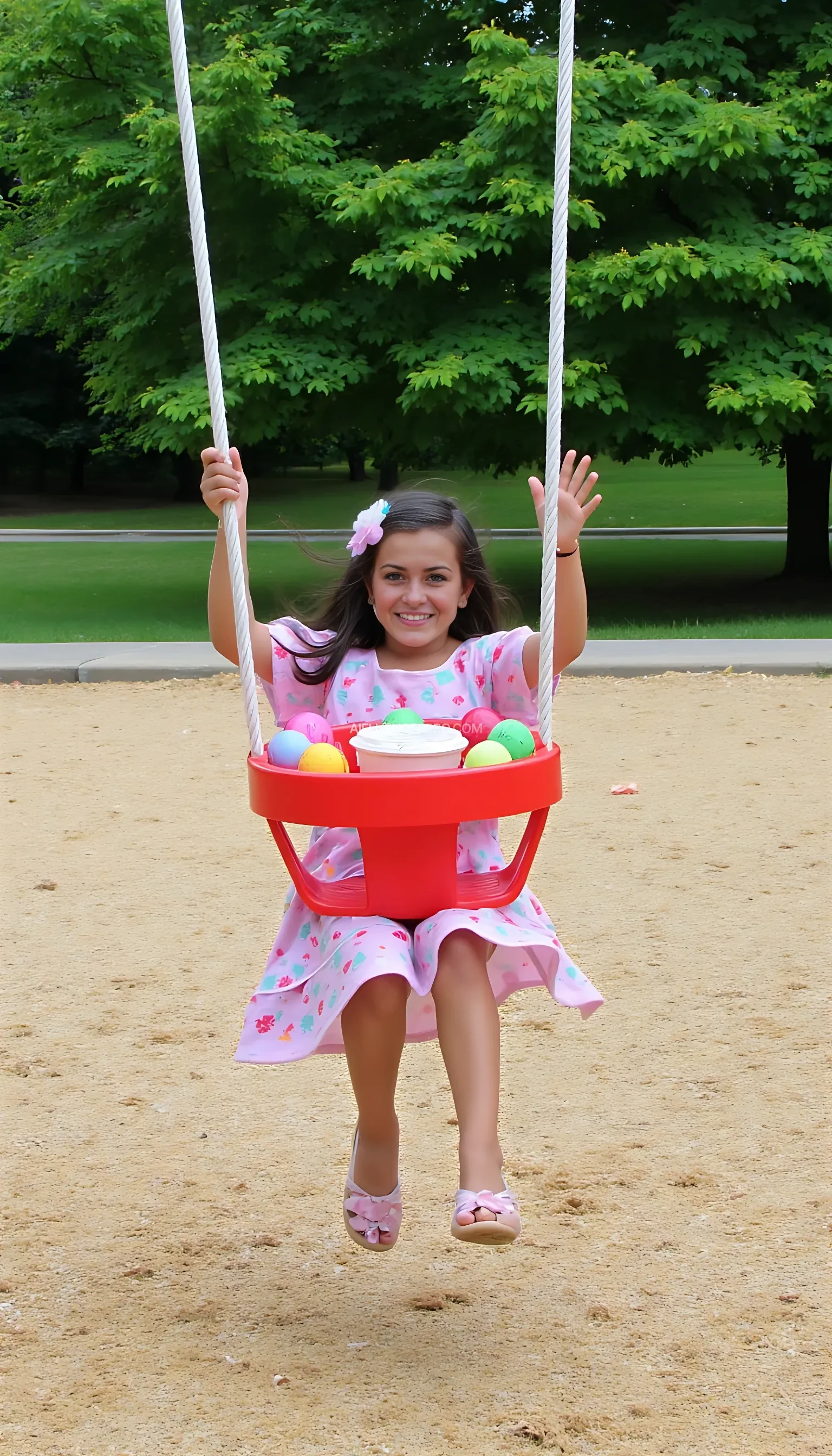 Waving in a swing set during daytime 