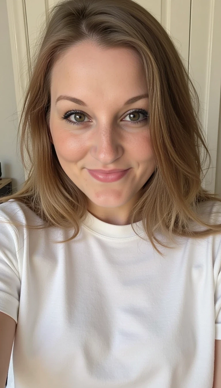 photo of woman CSTMDL, wearing a white plain T-shirt 