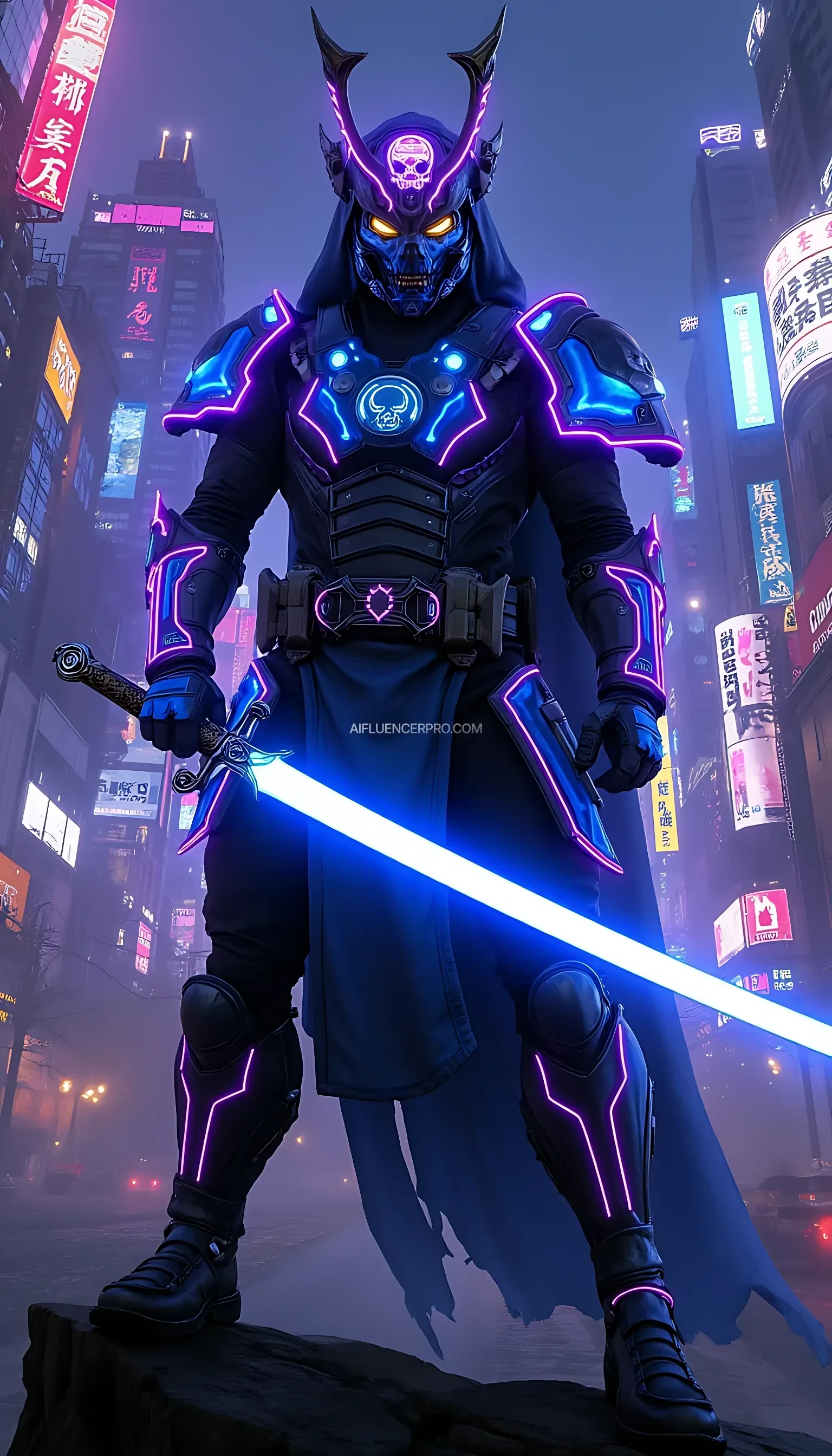 A superhero with a cyberpunk theme fused with traditional samurai aesthetics. Wearing neon blue armor with glowing purple accents, wielding a futuristic glowing katana, and a helmet with a holographic skull design. The background features a futuristic cityscape with towering buildings adorned with digital billboards and neon lights. Cinematic cyberpunk style with high detail