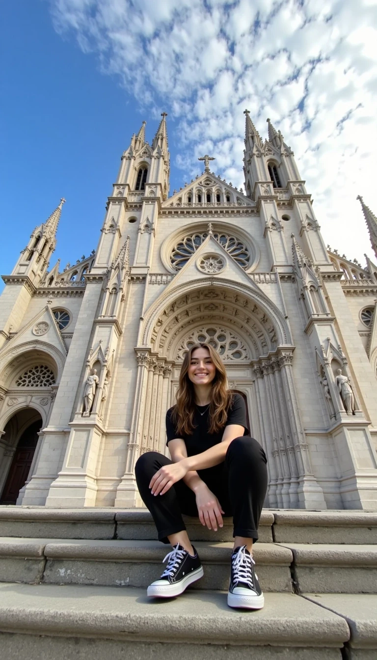 A vibrant scene featuring a young woman with long hair, sitting gracefully on the steps of the grand Duomo di Milano, a Gothic cathedral known for its intricate façade and towering spires. The woman is dressed in a black outfit, paired with stylish sneakers, exuding a casual yet trendy vibe. The sunlight bathes the scene in a warm glow, accentuating the cathedral's detailed stonework and ornate sculptures. The background showcases the cathedral's ornate doors and towering arches, while the sky is a brilliant blue with wispy clouds, enhancing the contrast. Compositionally, the image balances the subject on the left with the architectural grandeur filling the right, creating a dynamic visual flow. The use of natural lighting contributes to a relaxed, inviting atmosphere, perfect for a moment of leisure in an iconic setting. Technical aspects include a sharp focus on the subject while maintaining the impressive details of the cathedral, highlighting the contrast between the contemporary fashion of the subject and the timeless beauty of the historic architecture.