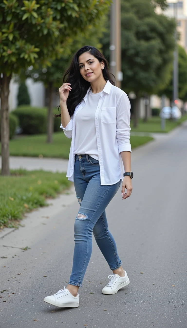 CSTMDL Woman mid-stride walking towards or past camera. Natural movement with one foot forward. Looking away from camera towards the distance. Capture sense of motion. Simple street or pathway background. Three-quarter angle view.