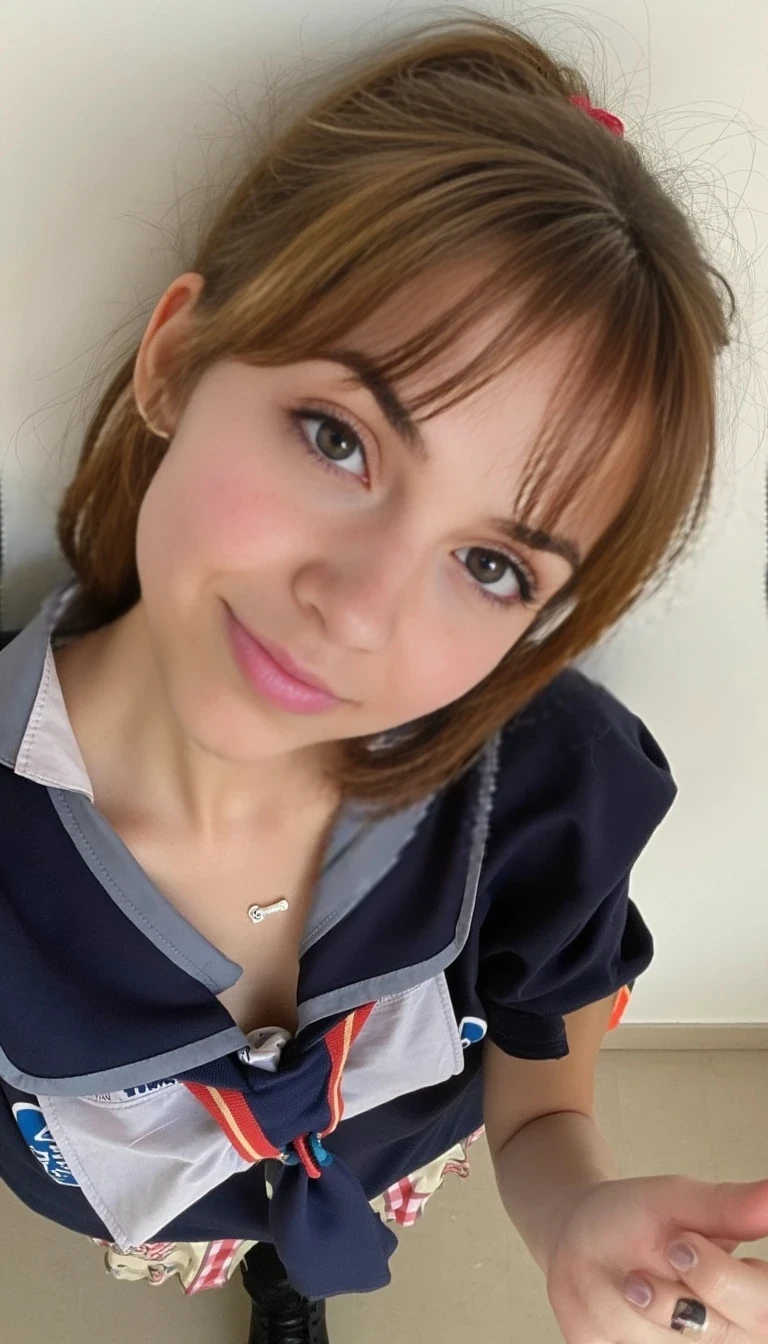 Overexposed front camera selfie, 2013 aesthetic, brown hair in a ponytail, wearing school uniform, playful expression