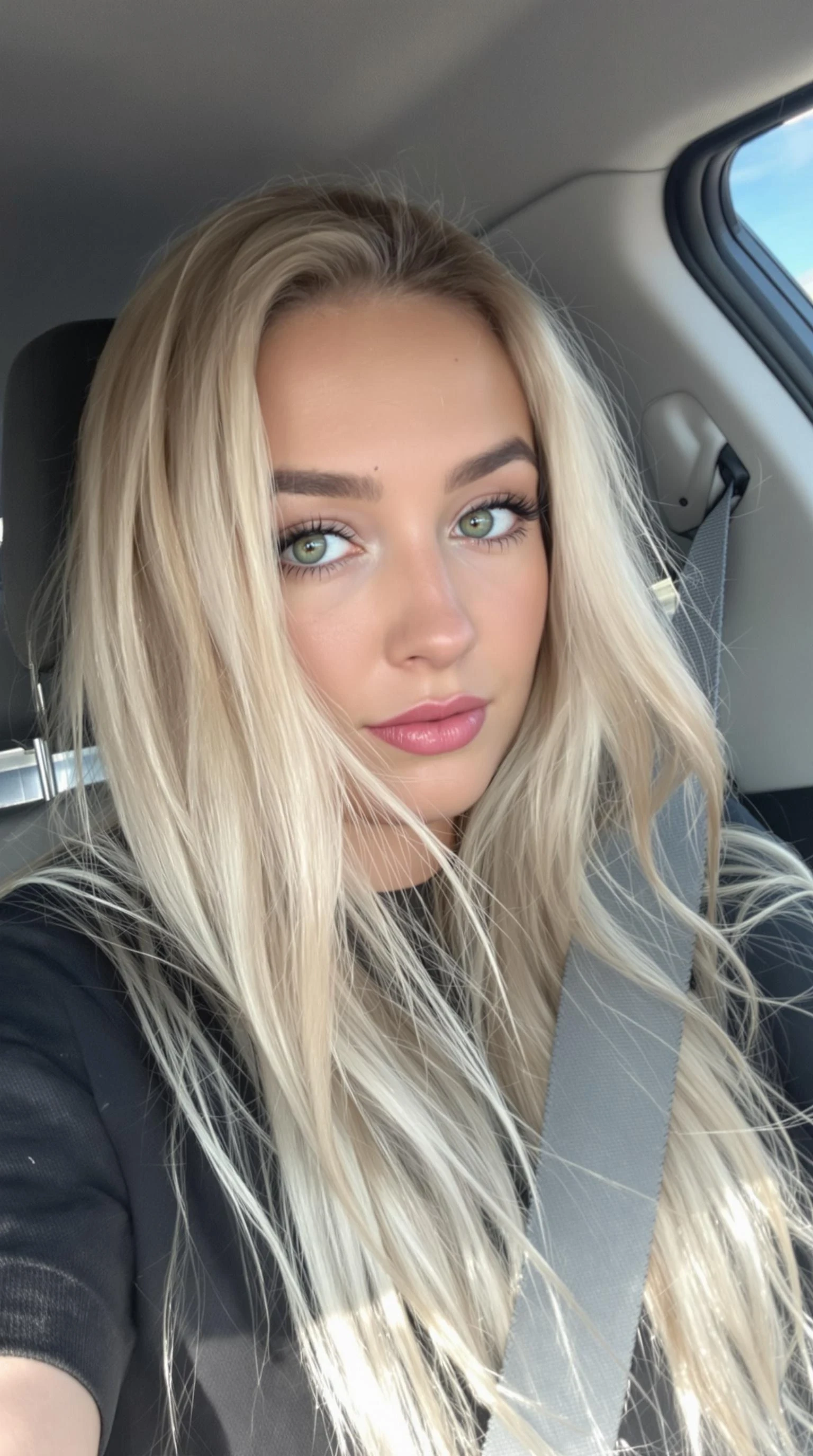 photo of cute blonde long hair with green eyes  19 year old  woman CSTMDL in a car 