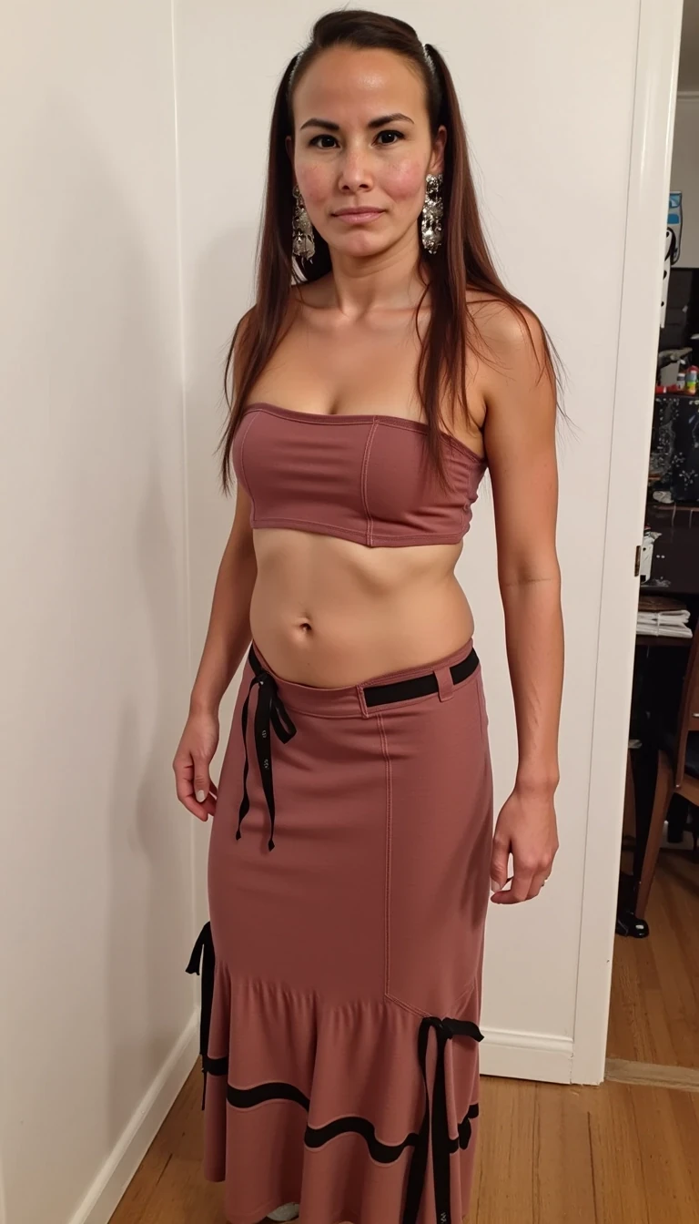 A full body selfie photo of CSTMDL a slim 35-year-old adult native American woman with light brown skin tone, she is facing and looking at the camera, she is posing seductively for the camera, she maintains intense eye contact with the camera at all times, she has cute pigtails, she is wearing a long contemporary native American ribbon skirt that has horizontal ribbons on the bottom of the skirt paired with no top, realistic, no earrings, award winning photography, professional lighting, 