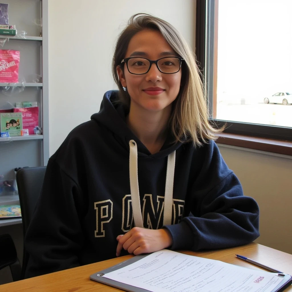 Use our Model Sydney. She is sitting at her desk studying for her upcoming test in an oversized hoodie, panties, and a pair of big glasses on. Use Sydneys face and body. 