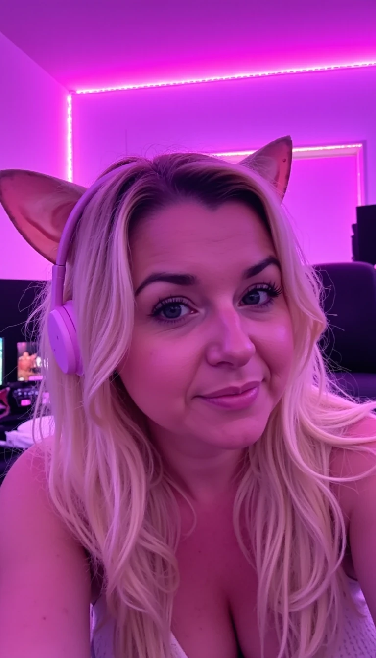 Snapchat-style CSTMDL white woman blonde hair glamorous gamer with cat-ear headphones, playful pose, soft pink and purple LED background