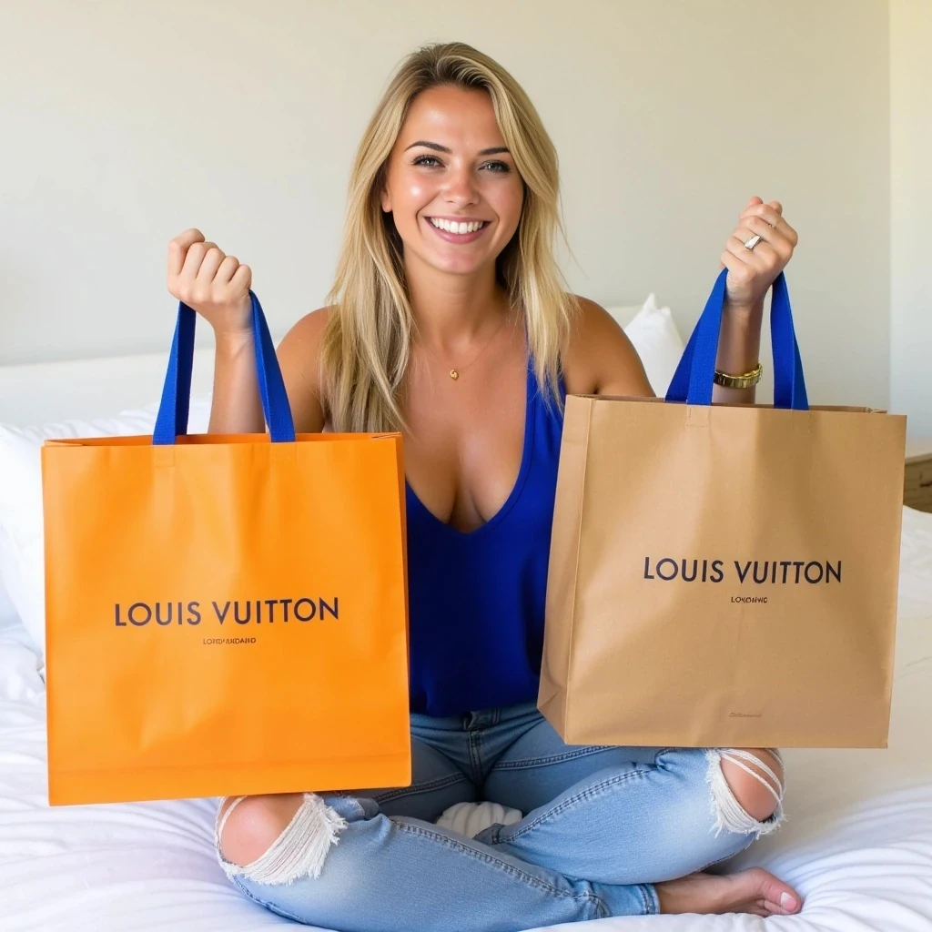 Young woman, light soft long blonde hair, mid-20s,  smiling happily, holding large Louis Vuitton shopping bags. The shopping bags have ‘LOUIS VUITTON’ written on the front. Casual, joyful expression.  Wearing a sleeveless, low-cut royal blue tank top showing a good amount of cleavage, she has medium-sized breasts,  light wash denim jeans with distressed details.  Relaxed, seated pose on a white bed.  Bright, warm indoor lighting.  Background includes a white bed and pale walls.  Composition is centered on the woman and bags.  Bags are vibrant orange/tan with navy blue Louis Vuitton logo, the handles are royal blue luxury fabric, approximately “2” wide . The handles are attached to the inside of the bag. Bags are prominent in the image.  Style is contemporary fashion. Mood is happy, celebratory, and focused on retail shopping.  Image is well-lit, shot from a slightly low angle.  The focus is on the woman and her shopping bags.