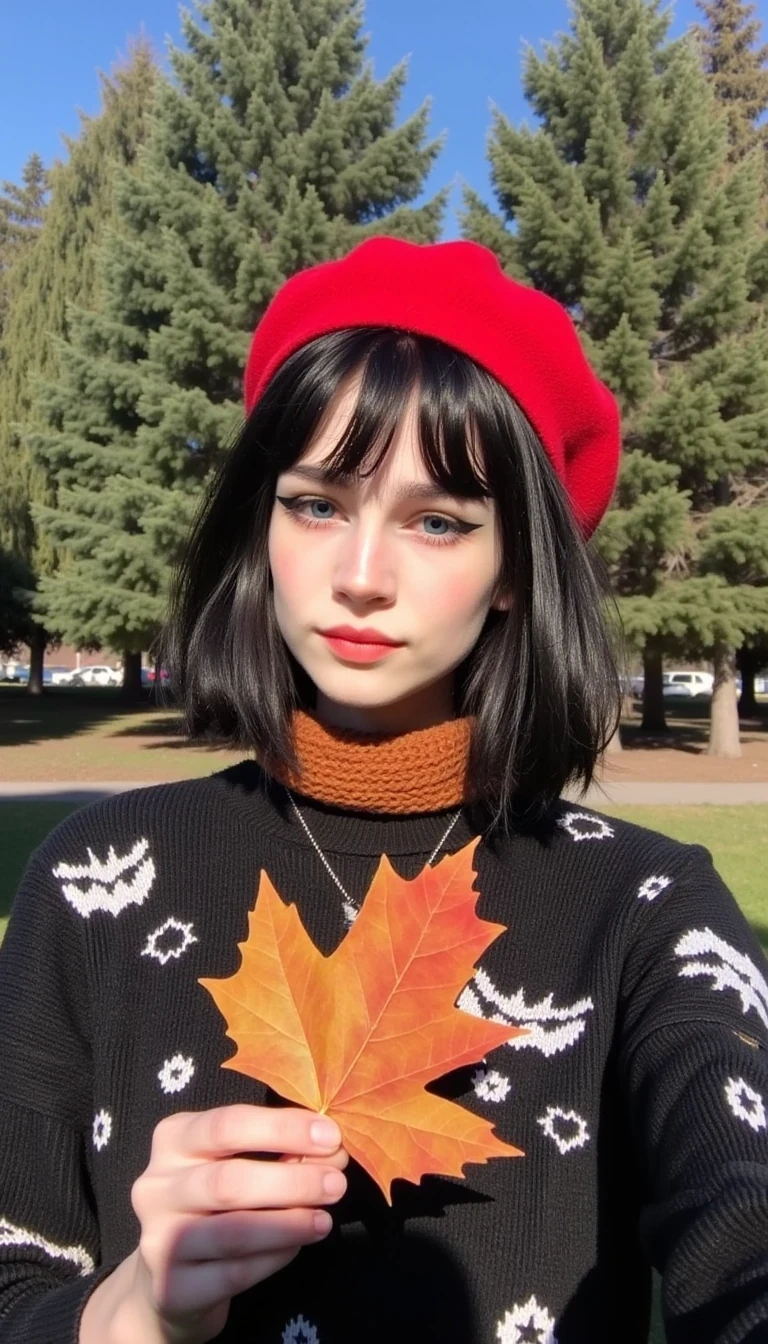 boring low quality snapchat photo circa 2015, cute woman CSTMDL, young woman with short jet black hair is holding back tears while holding a real maple leaf. She wears a red beret, a black sweater with playful white abstract designs, and a rust-colored knit scarf. The setting is an outdoor park with tall green trees and a clear blue sky in the background, creating a serene and cheerful autumn atmosphere.