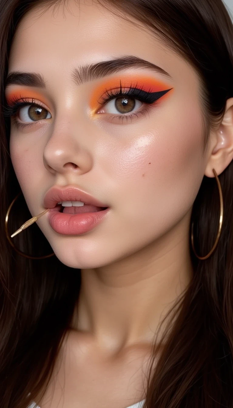 photo of woman CSTMDL, closeup side angle photo of a model with gorgeous bright neon orange and lavender duotone eye makeup and thick black winged eyeliner, thick eyelashes,peachy matte lipstick, looking into the camera, solid black color background --ar 2:3 --v 6.0