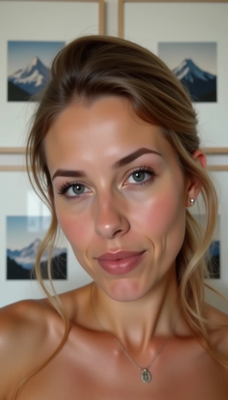 A high-quality photograph of CSTMDL, a topless young woman with tanned skin. The image is taken from a slightly low angle, capturing her upper body and face, with a neutral expression. The background features a white wall with two framed mountain prints. Lighting appears natural, with a shallow depth of field blurring the background. The overall aesthetic quality is very high. The image is suggestive.