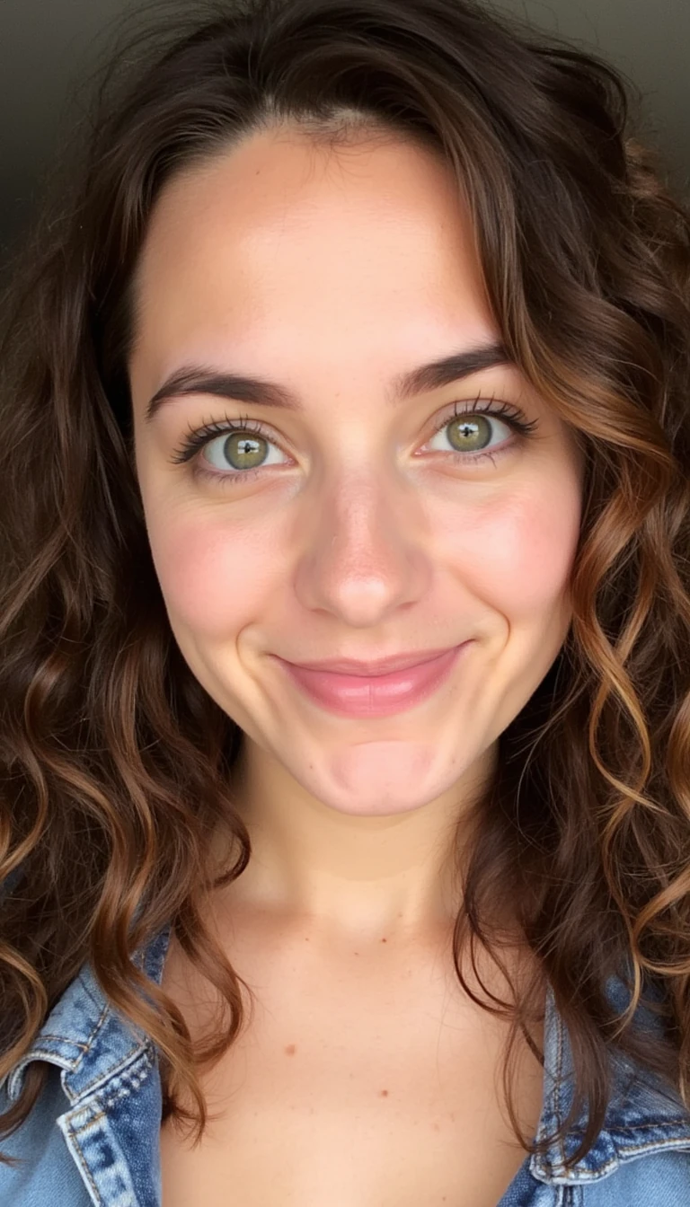 boring low quality snapchat photo circa 2015, cute woman, face is beautifully radiant with a warm, glowing complexion. She has striking, expressive greenish-hazel eyes that catch the light, framed by naturally shaped, full eyebrows. Her nose is delicate and well-proportioned, complementing her softly rounded cheeks that show a hint of natural blush. She has full, softly defined lips with a gentle, natural smile. Her hair is thick, voluminous, and curly with rich brown tones that add to her overall vibrant and confident look. The combination of her features gives her an alluring and approachable feminine charm. 