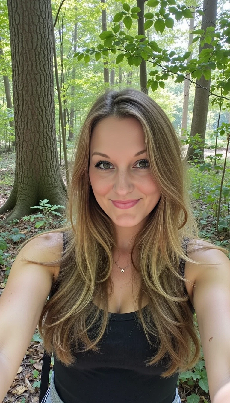 photo of woman CSTMDL in the forest taking a selfie