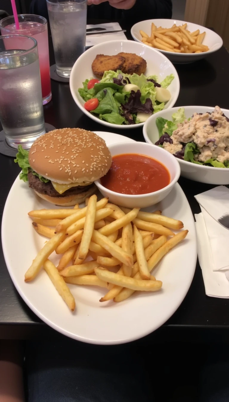 boring low quality snapchat photo circa 2015, this picture is being taken in a restaurant. The picture is of a Burger and fries in on one plate and a bowl of ceaser salad next to it. There are other food dishes and drink glasses on the table as well. The food is in white dishes on a black table. 