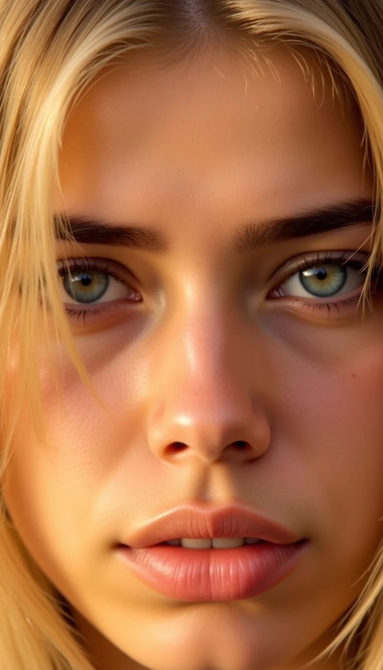 CSTMDL Ultra close-up portrait of Blondivas face in golden hour lighting, focused on the eye and cheekbone. Skin is dewy, radiant, and glowing with natural highlights. Soft shadows play across the face. One strand of hair softly falls across the forehead. Eye is sharp, luminous, and expressive. Cinematic soft focus, high-resolution detail, natural makeup, warm tones. Blondiva is looking  up directly at the camera above her head. She has ice blue eyes which are being hit with sunlight