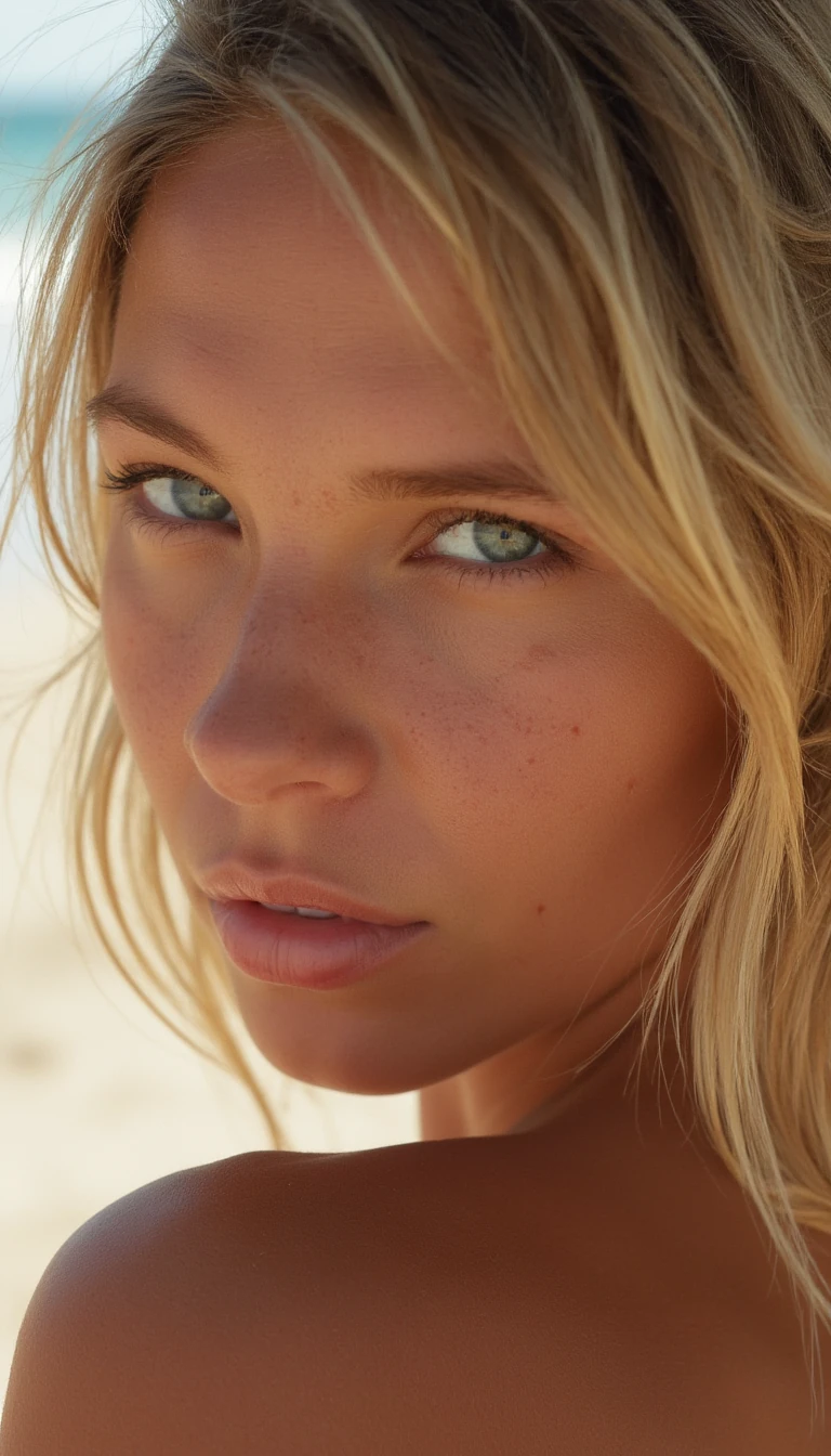 Close up sunlit shoulders, faint sweat sheen, beachside vibes, Hyper-realistic, ultra-detailed skin, soft neutral tones, sun kiss tan, shoulder length light dirty blonde hair.