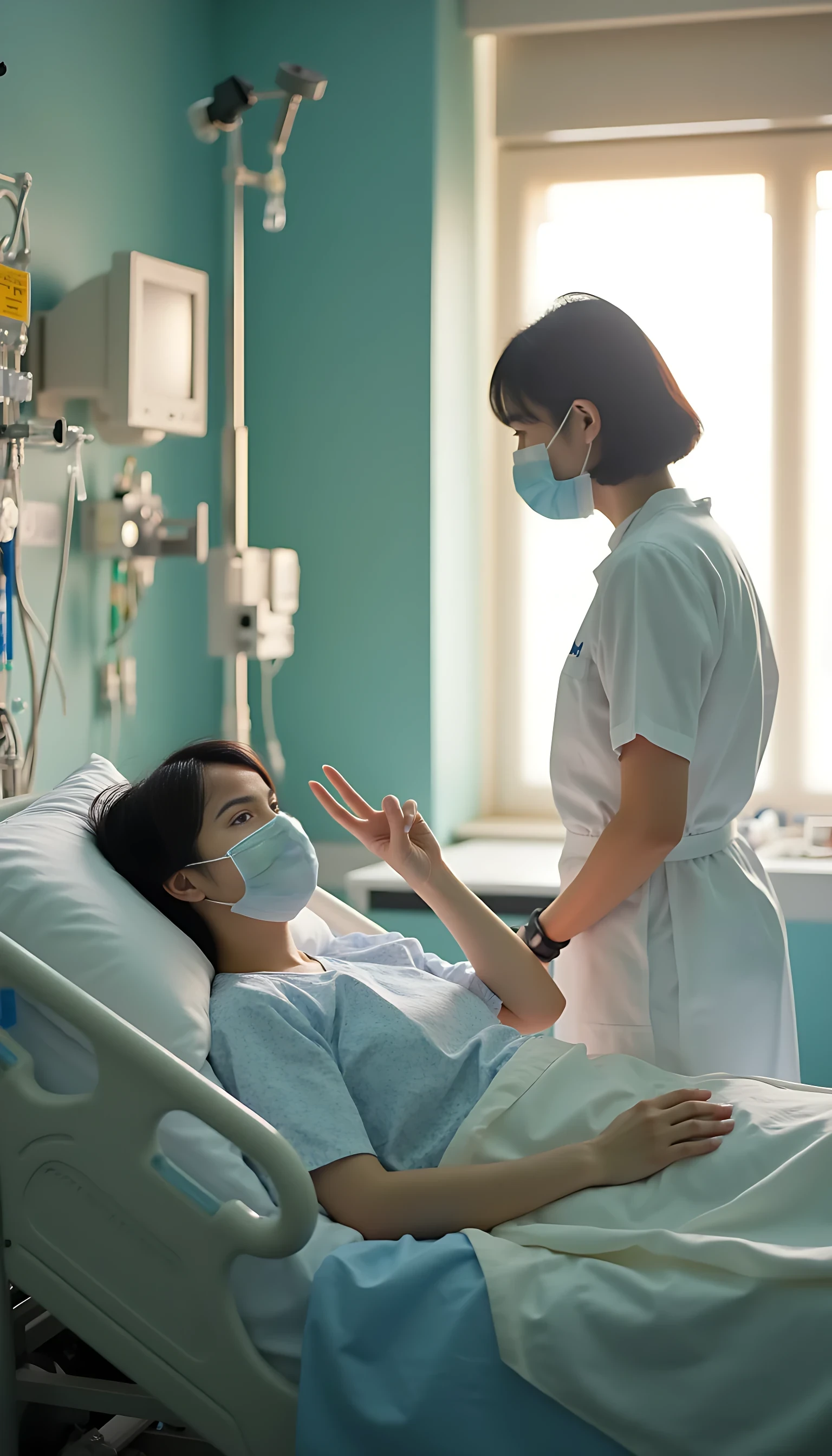 Hyper-realistic hospital scene, a woman in a patient gown lying on a hospital bed, short black hair, wearing a medical mask, confidently making a victory sign; detailed medical equipment including IV drips and monitors surrounding her, a staff nurse in a white uniform and mask standing attentively nearby. Soft natural light illuminating the room, subtle reflections on metallic medical instruments, warm and clean atmosphere, highly detailed textures on skin, fabrics, and equipment; shot from a medium angle to capture the intimate and hopeful interaction, 8K resolution, cinematic lighting, ultra-sharp focus.
