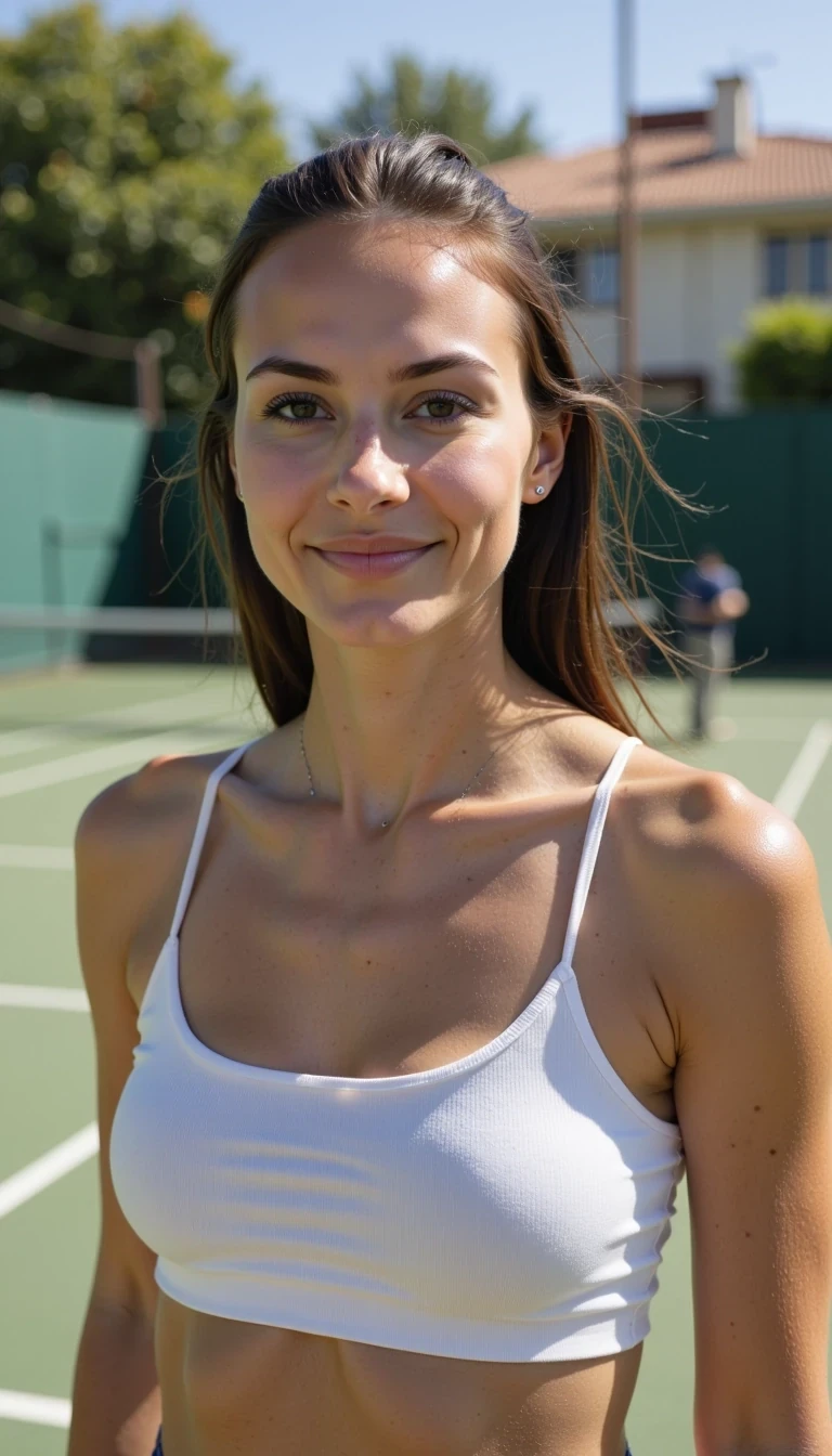  Medium close up Photoshoot of CSTMDL woman in tennis court doing stylish photoshoot