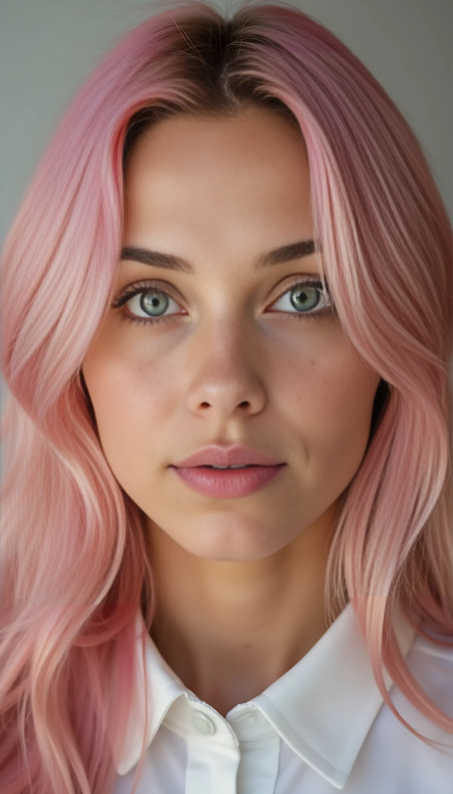 A portrait photo of a beautiful 22 years old model, mixed ethnicity of half white American half Brazilian, with natural pastel pink hair, bright jade green eyes, subtle freckles on her cheeks, ultra detailed eyes with sharp iris reflections, slight smile, studio-quality, extremely realistic HD