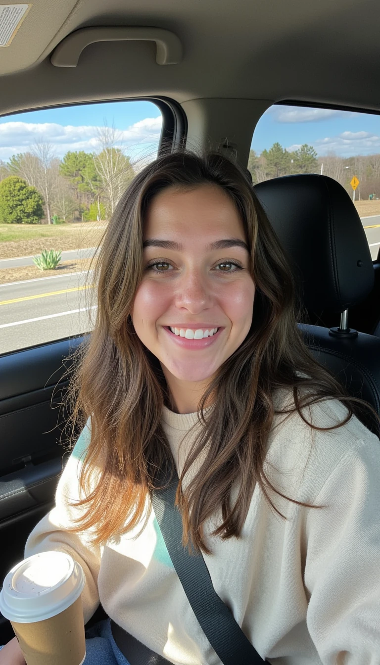 boring low quality snapchat photo circa 2015, A young woman with a warm smile, sitting in the driver's seat of a cozy car. She has soft, wavy brown hair cascading past her shoulders. The sunlight streams through the window, casting a gentle glow on her face. The interior of the car is neat and comfortable, with a coffee cup in the cup holder and a small plant on the dashboard. The background outside the window shows a scenic road lined with trees and blue skies