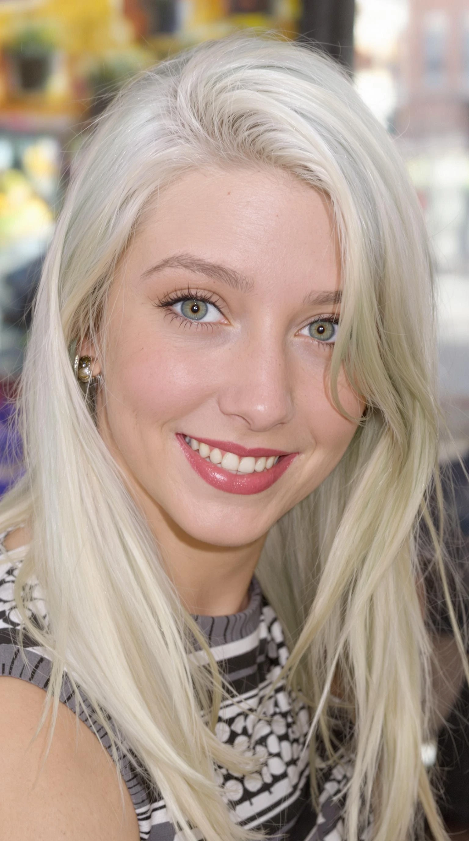 portrait of petite young woman around 20years old looking to camera, beautiful big green eyes, platinum hair with little green shade, nice smile
