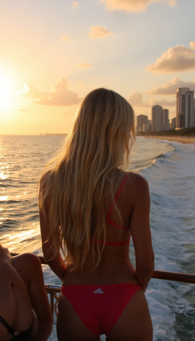 generate a photo of a blonde woman with long hair on a yacht looking out at the ocean with the background being miami during a sunset, do not blur the background.