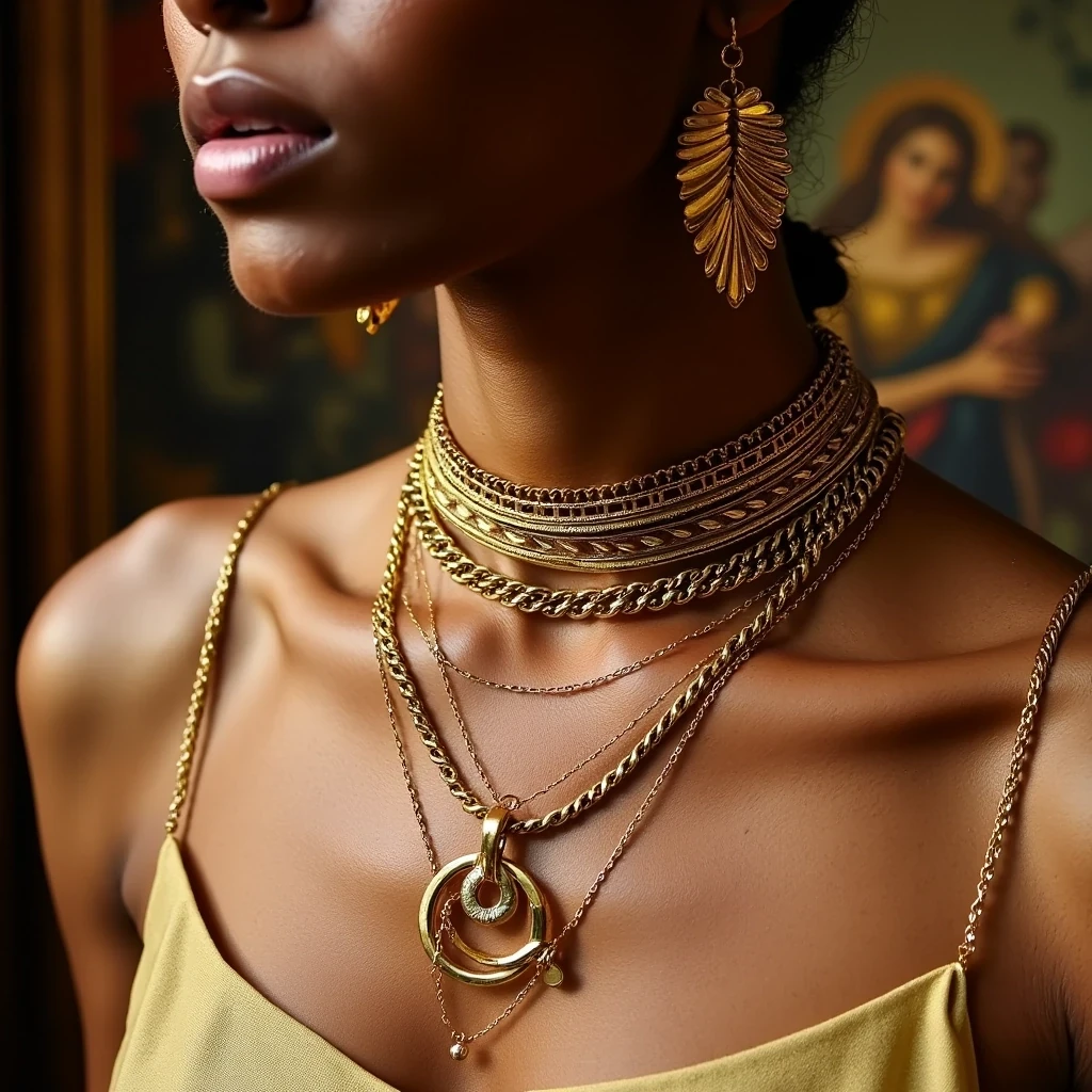 Gucci Jewelry Campaign
Shot on Leica S3, 100mm f/2, ISO 100, 1/125 sec. Extreme macro of model's neck and décolletage adorned with layered gold necklaces. Light olive brown skin texture captured in microscopic detail. Lighting: Ring light main + two strip boxes for dimension. Background: Hand-painted silk backdrop suggesting Italian Renaissance.
 CSTMDL