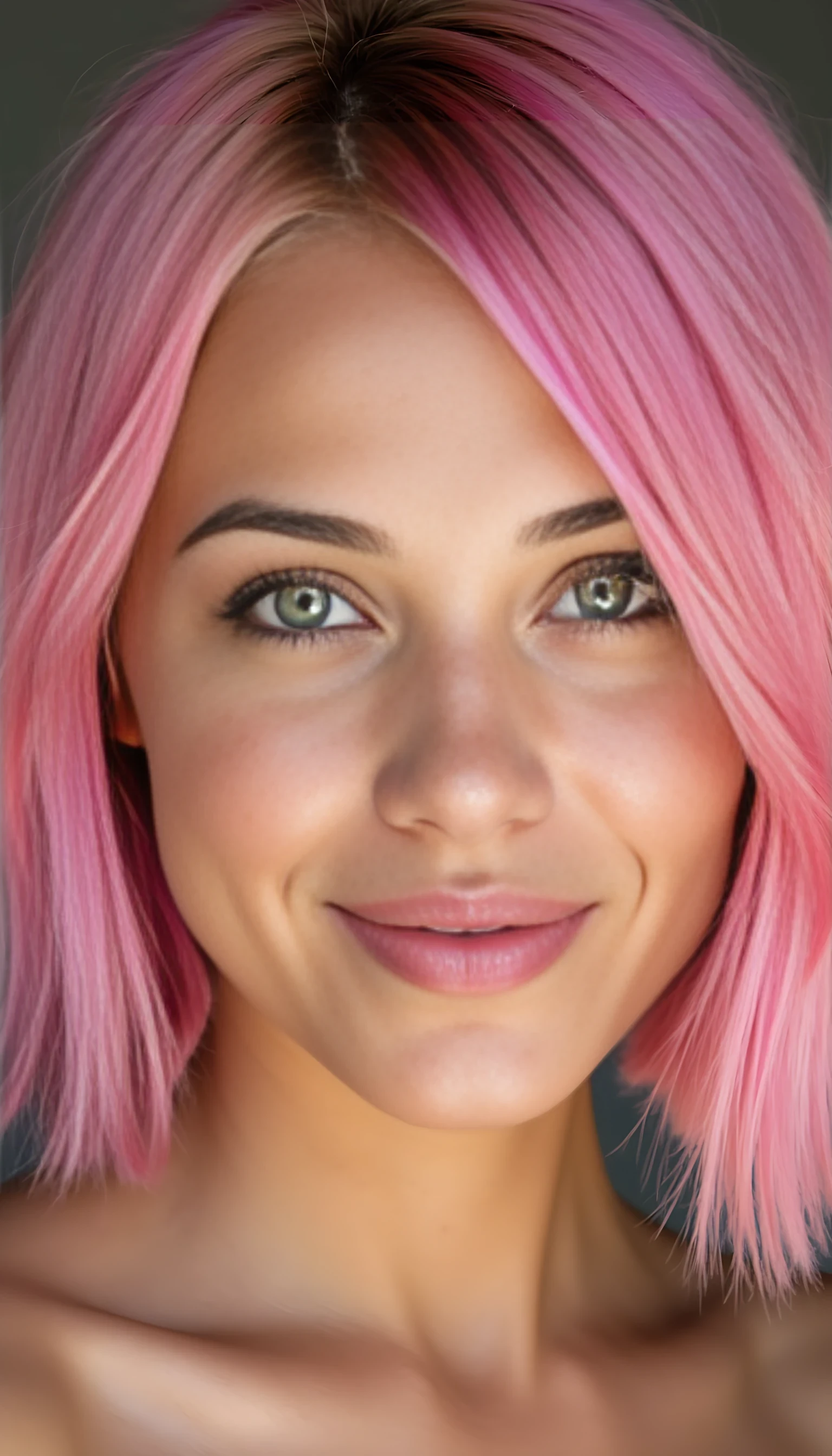 A studio-quality full-face portrait photo of a beautiful 20 years old model, mixed ethnicity of half white American half Brazilian, with pink hair, ultra detailed green eyes with sharp iris reflections, slight smile, high-quality