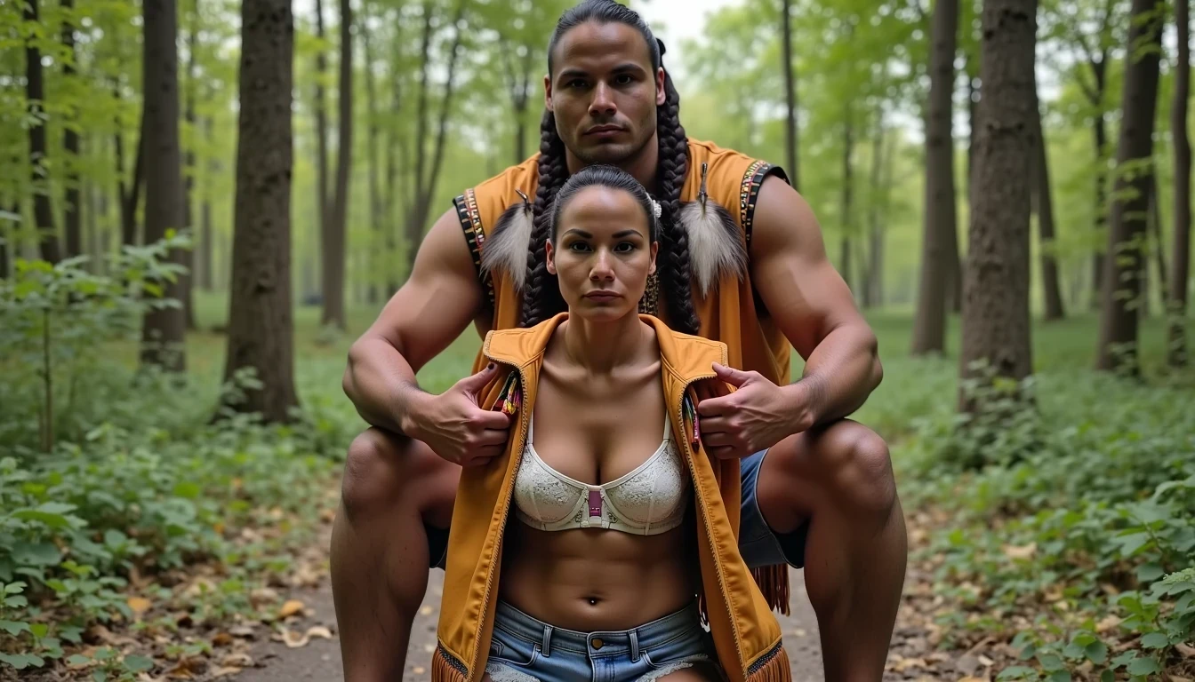 photo of woman CSTMDL, a selfie photo of, a slim woman, her full body is in the scene, she has a slender petite build with petite small boobs and a flat chest, she has small dark skin nipples with long pointy nipple ducts and small dark skinned areolas, her hair is styled with two long braids she has eagle plumes in her hair, she is not wearing earrings, she is wearing daisy duke denim booty shorts, she is wearing a native American style vest in a golden yellow color over top of her underwear, she is holding her vest open exposing her strapless bra, her bra is a strapless white lace bra, she is wearing white lace panties, she is wearing ankle height smoked hide moccasins, natural lighting, natural light, amateur photography, shot on an iPhone, she is bent over on all fours on the ground with her legs spread wide apart in a densely wooded forest in front of a fat giant native American man, she is maintaining intense eye contact with the camera, a fat giant native American man is directly beside her holding onto her booty, public setting, Hyper realism, 16k, uhd, ultra-sharp focus, perfect meshes and textures, highly detailed, highly accurate reflections, natural lighting, natural light, amateur photography,