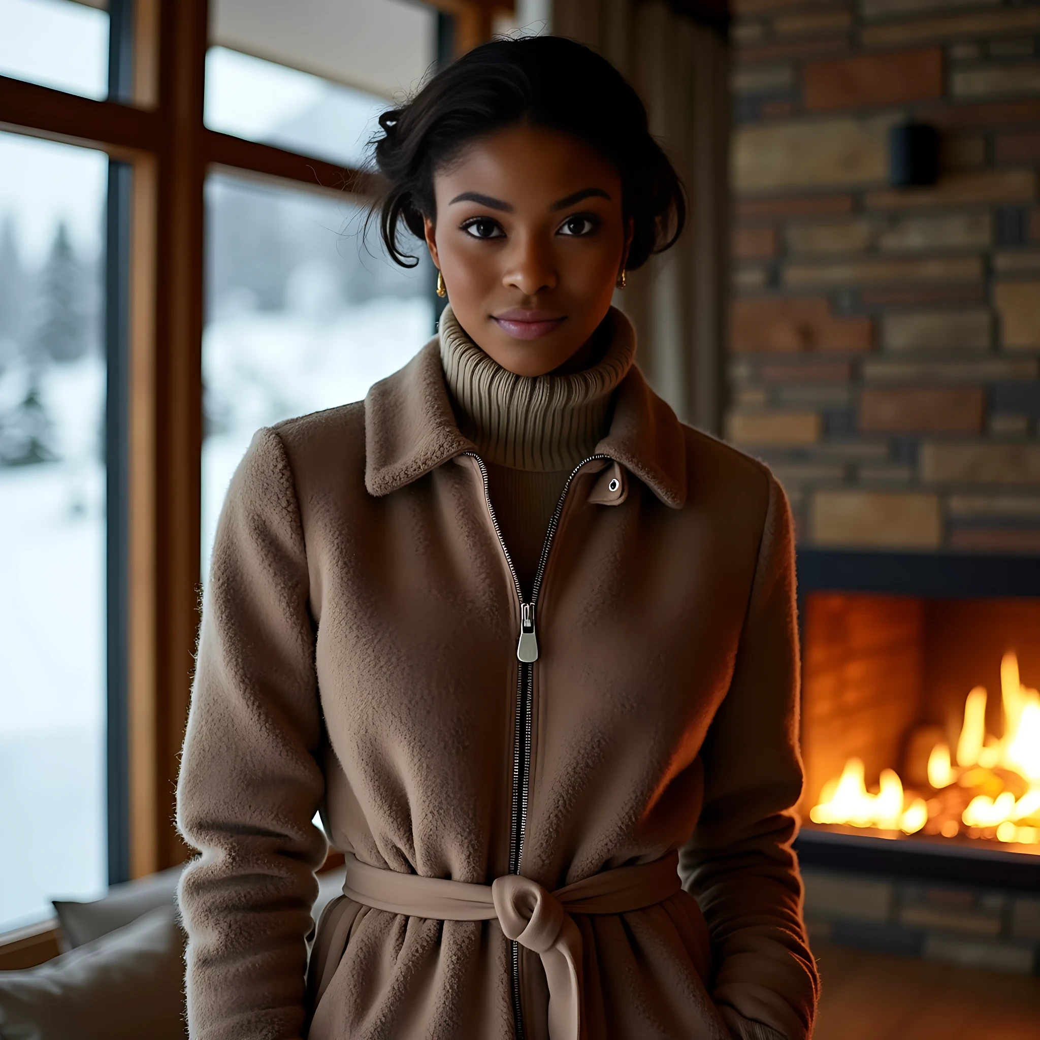 Apres-Ski Luxe
Shot on Sony A1, 50mm f/1.2 GM, ISO 200, 1/1000 sec. Full body shot in luxury chalet interior. Model in Chanel crystal-embellished ski suit, unzipped to reveal cashmere turtleneck. Light olive brown skin glowing from fireplace light (motivated key light at f/8), large windows providing cold fill from snow reflection. Natural skin texture enhanced by interior warmth, showing subtle dewiness. Background: modernist fireplace, floor-to-ceiling windows revealing snowfall. CSTMDL