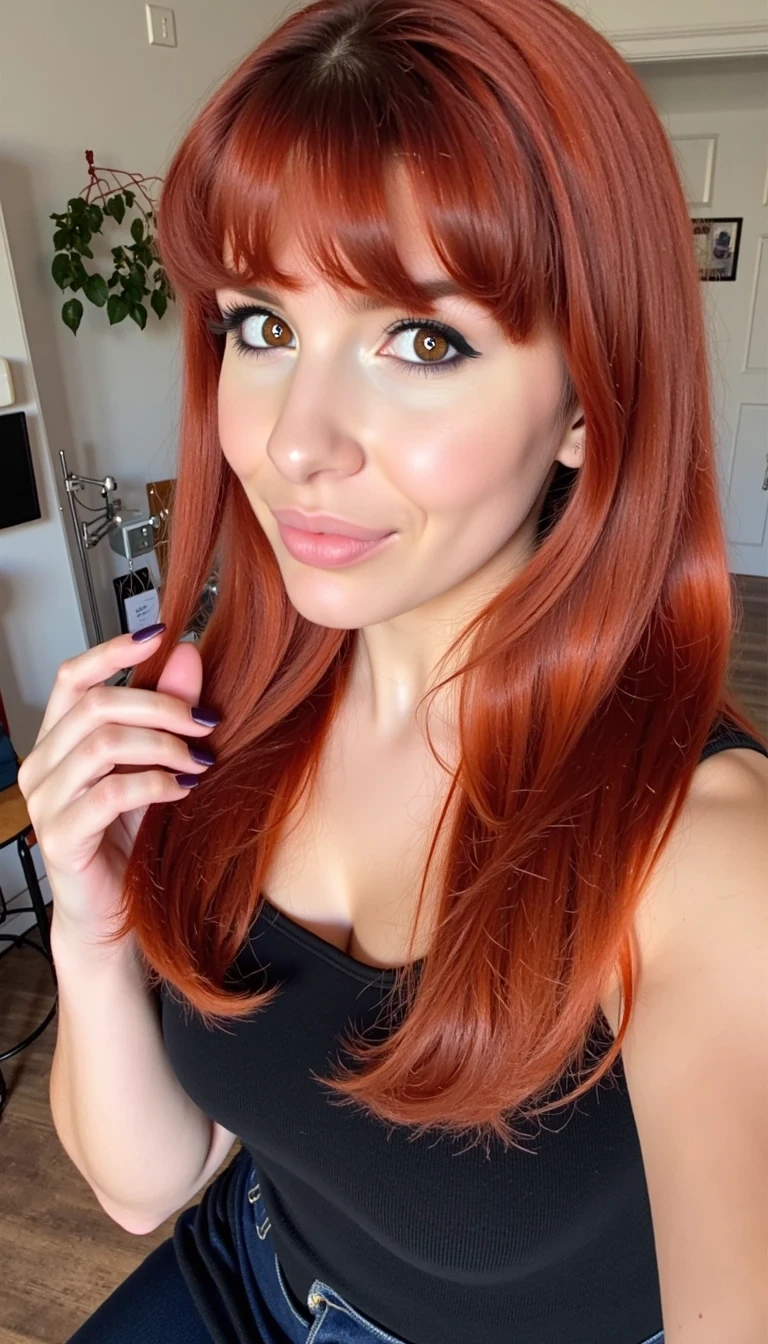 photo of woman CSTMDL, she should have long red hair, she should have bangs, she should have a body like Bryce Dallas Howard, she should have huge boobs