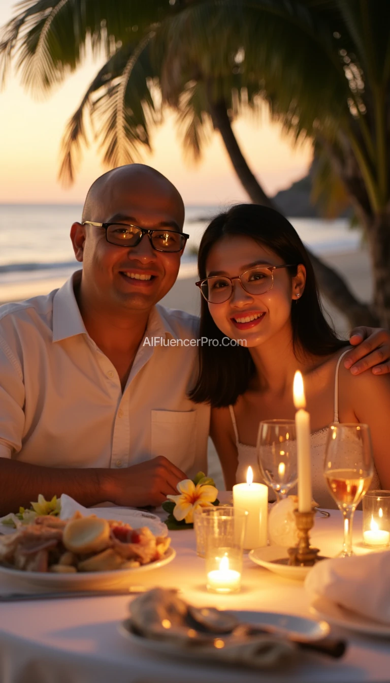A hyper-realistic 8K render of a man and woman enjoying a romantic beachside dinner, both facing the camera and wearing stylish glasses. The Indonesian man, bald with a round face and semi-chubby cheeks, smiles warmly, his rectangular glasses subtly reflecting the soft beach lighting. The woman, a fair-skinned, youthful beauty of 30 years with a slender face and sharp features, wears thin-framed glasses, her serene and joyful expression directed at the camera. They sit at a candlelit table adorned with a white cloth, tropical flowers, and fine dining settings. Behind them, a golden sunset, gentle ocean waves, and swaying palm trees create a tranquil, intimate atmosphere, with warm lighting highlighting their faces and surroundings.